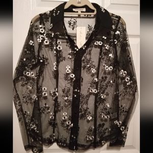 Amber Skies Vintage Sheer Black W/ White Flowered Blouse Misses Size (M)